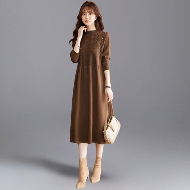 【即納】パール付きハイネックニットワンピース Me0541 Mサイズ