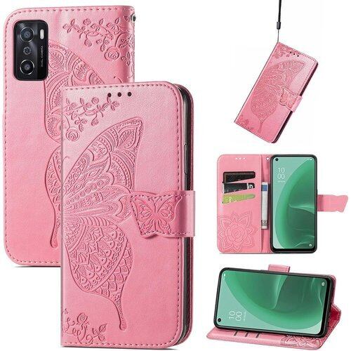 GejinFans モバイルフォンアクセサリー ケース OPPO A55s 5G 手帳型/ノートブック型 ポリウレタン テクスチャ バタフライピンク カードスロット、キックスタンド 1229