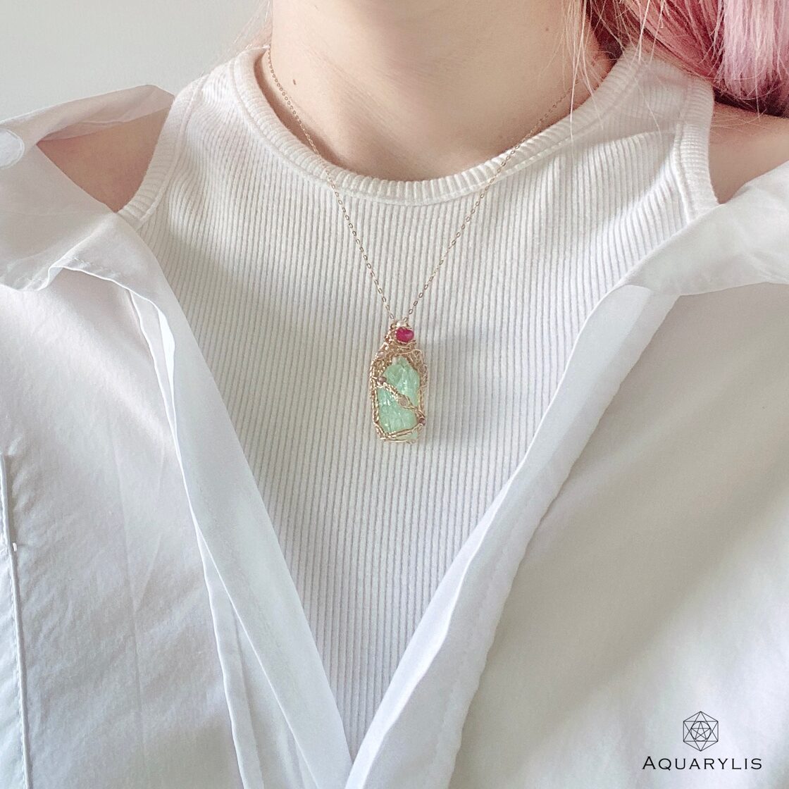 グリーンアポフィライト & ルビー ペンダント｜宝石質 原石 ジュエリー