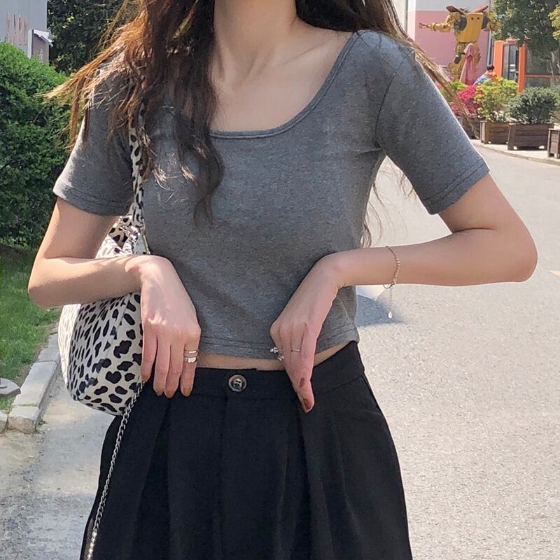 ショートトップス レディースサマーカラーレッドブラックTシャツ 夏物 スクウェア 1号婦人27020235599