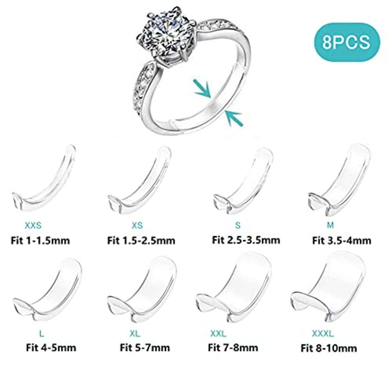 [Formemory] リングテープ リングストッパー リングアジャスター テープ 4色セット（グレー・ホワイト・ブラック・トランスペアレント ） 指輪 リング サイズ調節 サイズ調整 (厚さ１ミリ 薄型タイプ) ルーズリング用 (透明 8枚セット)