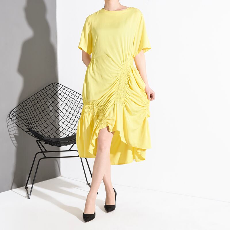 レディース ワンピース ワンピース アシンメトリーデザイン ルーズフィット フリル イエロー 半袖 春 夏 海外子供服専門通販サイト リーファ