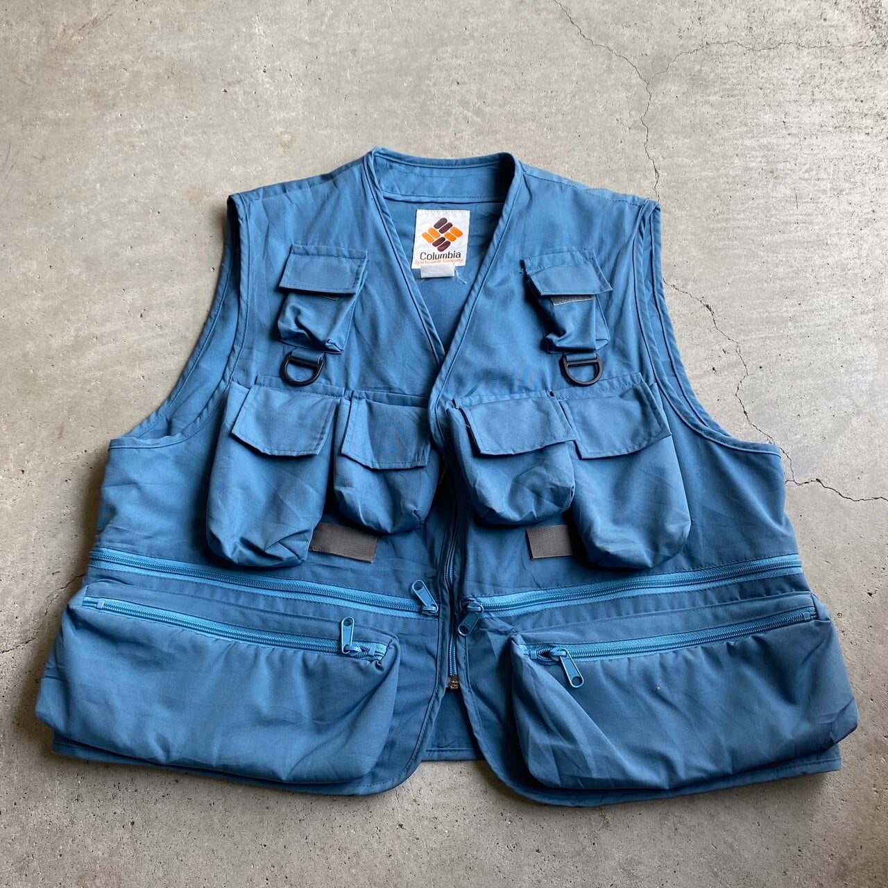 80年代 ヴィンテージ Columbia コロンビア 多ポケット フィッシングベスト メンズl 古着 多機能ベスト くすみブルー 青 収納型 ベスト Sa24 Cave 古着屋 公式 古着通販サイト