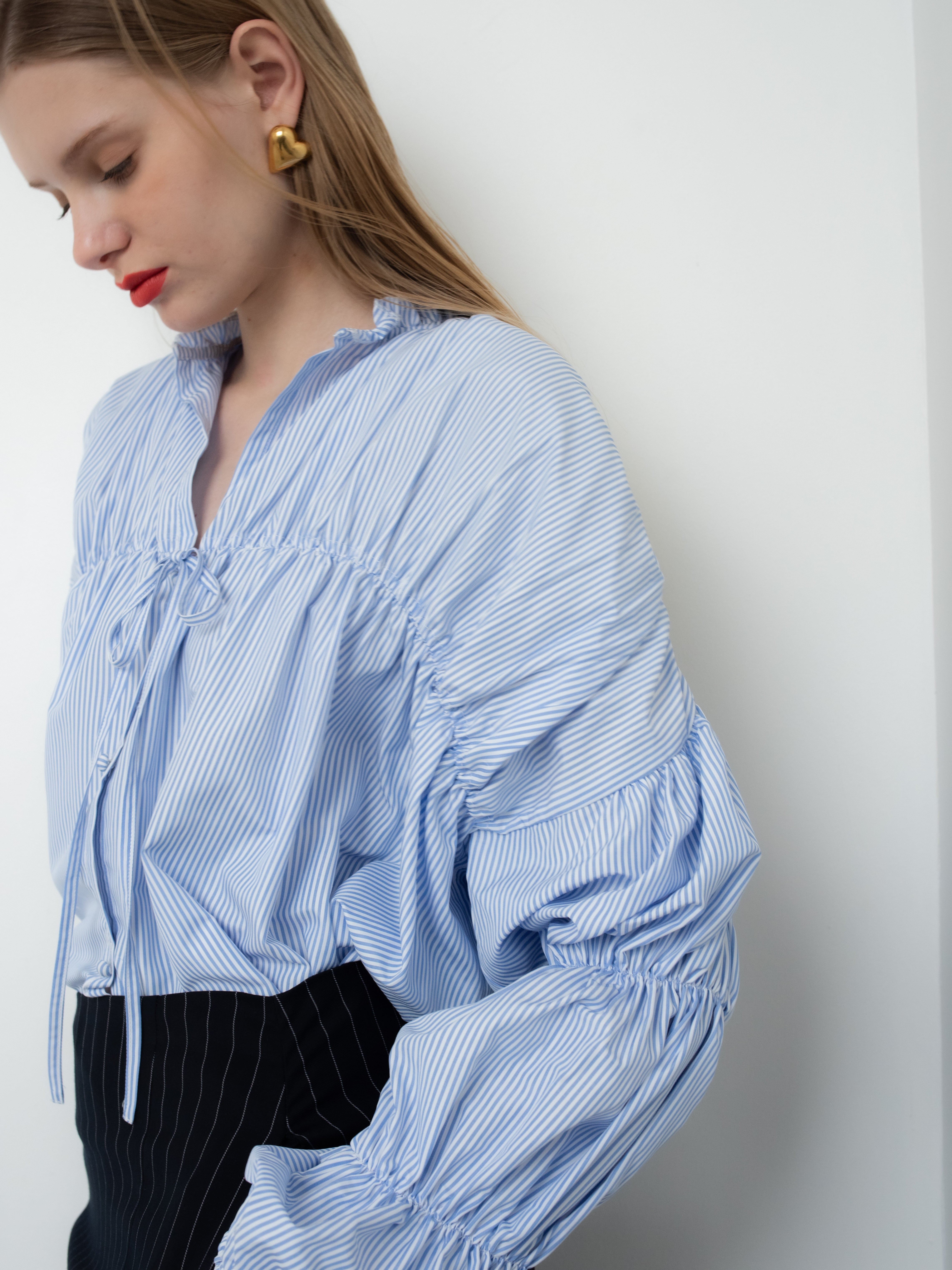 stripe triple shirring blouse（stripe-blue）
