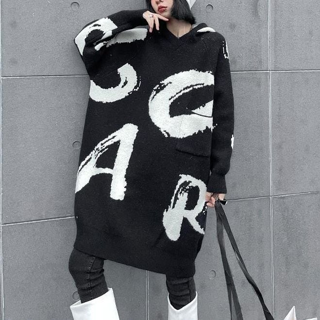 LETTER PRINT HOODED MINI PULLOVER KNIT DRESS 1color M-15306