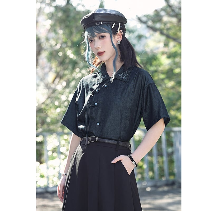 Cygne ブラック フリンジ 半袖 トップス 古怪舍---浮光鰭夢シリーズ】☆チャイナ風トップス☆ 刺繍入り シャツ