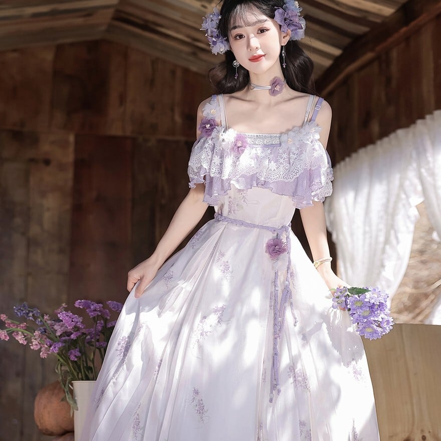 ロリータ ラベンダー花柄ケープ付きJSK お茶会向けワンピース