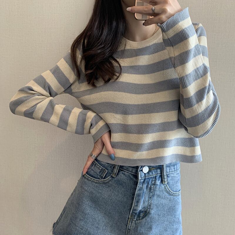 スプリングスタイルルーズ薄手ストライプセーター レディースクロップトップ トップス 春物 試着室41301354649