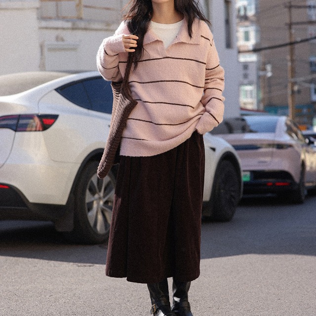 open-collar border knit　J00359