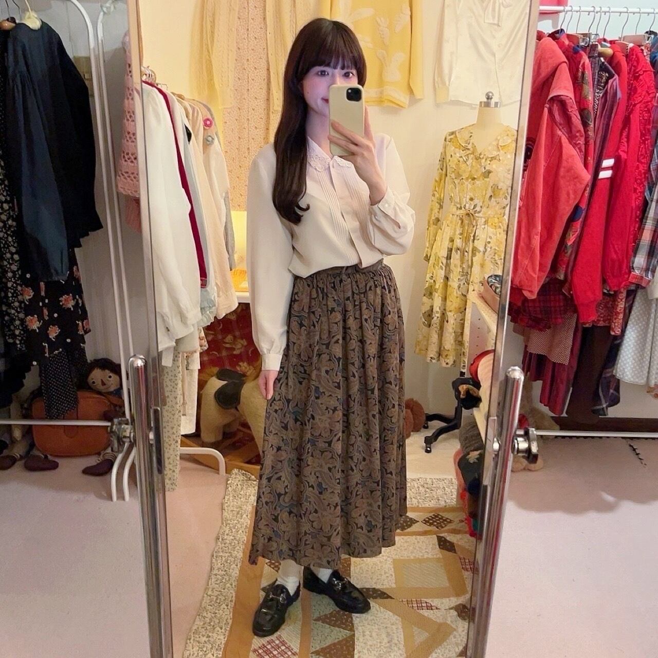 navy beige botanical flare skirt