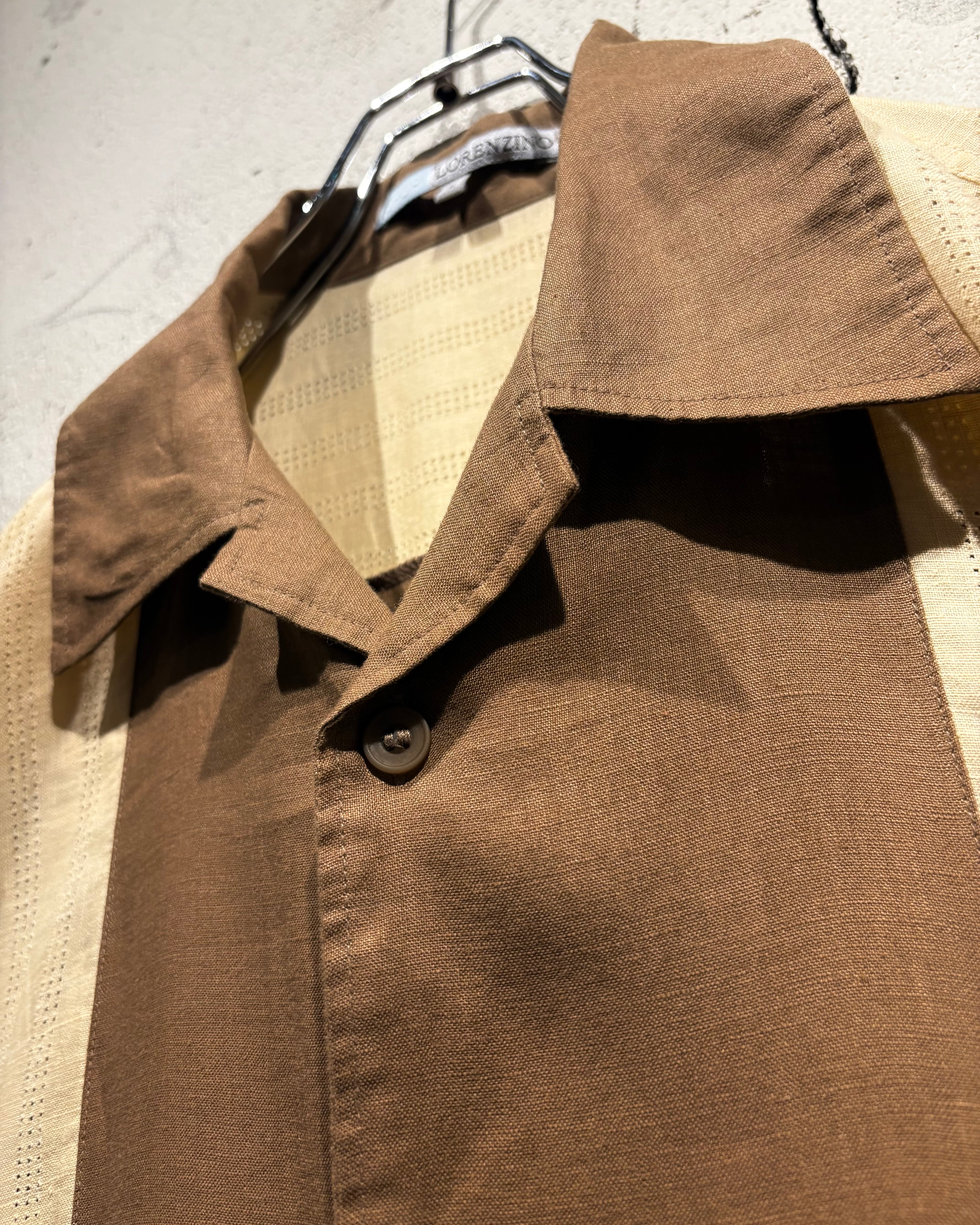 Caka otto】Color Switching Vintage Loose S/S Open Collar Linen