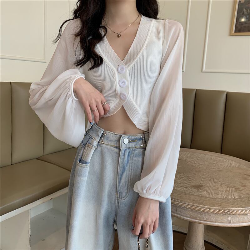 シフォンVネックカーディガンセーター スプリングサマーショートカジュアルシャツ ロング 春物 夏物 ステッチ 1号婦人92791743068