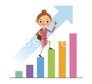 イラスト素材:上昇するグラフとビジネスウーマン(ベクター・JPG)