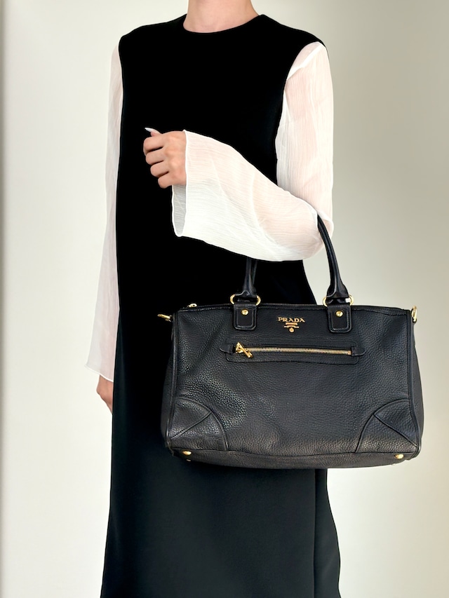 PRADA プラダ ハンドバッグ ブラック ロゴ レザー 2way ミニボストン vintage ヴィンテージ オールド h5k5fy
