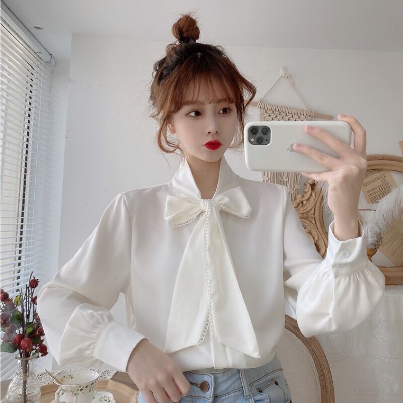 シフォンシャツ オータムリボントップス ホワイト ロング 秋物 萌量不足83759839452