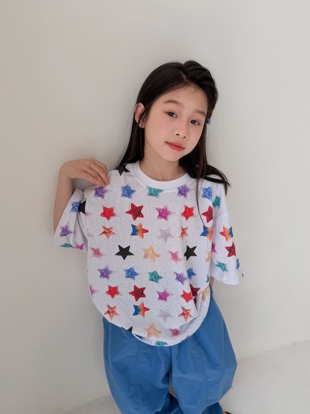 マルチスターのビッグTシャツ（ホワイト）KMAI｜トップス オーバーサイズ｜小学生 ジュニア対応｜普段着｜韓国子供服｜男の子 女の子｜100-160cm｜2026夏服 ［取寄］