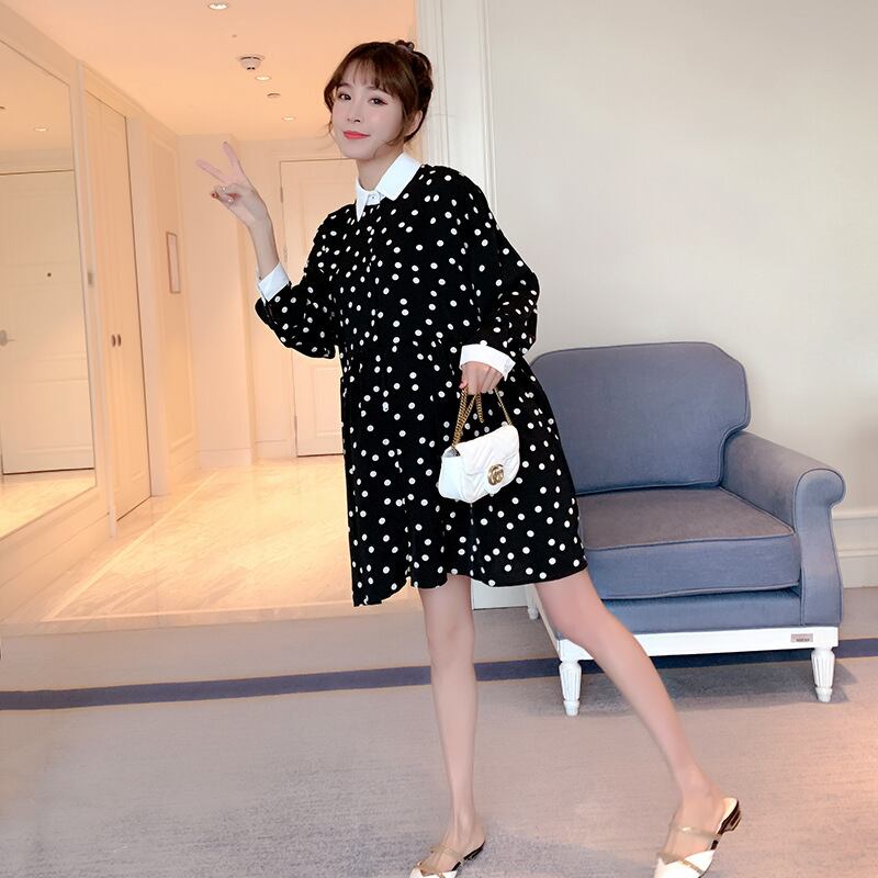 【新作】【送料無料】 マタニティウェア2020春と秋新しい流行のママ水玉シフォンドレスミドル丈ラペルマタニティドレス-アリババ スプリング 春物 オータム 秋物 expec255723578157