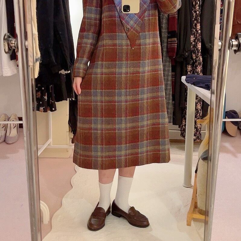 brown velours collar triangle check one-piece