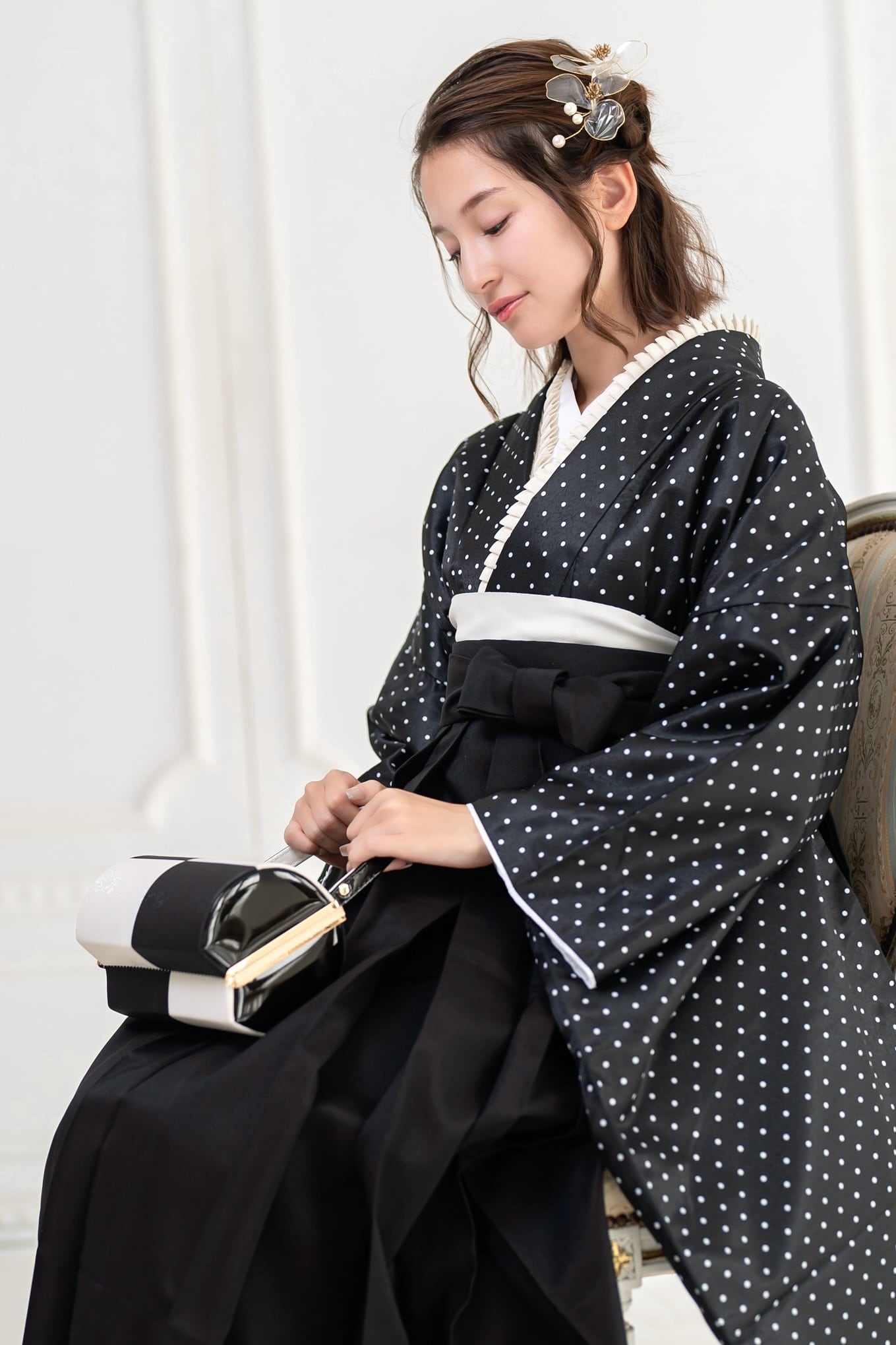 Kimono Sienne 卒業式袴3点セット 黒 白 ドット柄 水玉 二尺袖着物 袴