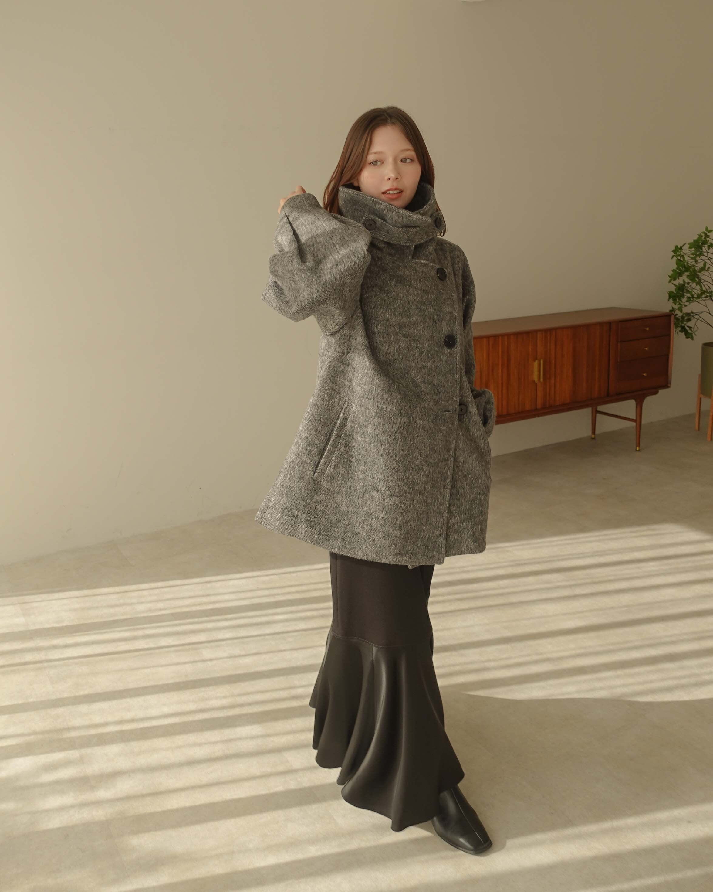 AM470901 shaggy stand collar middle coat | Alumu