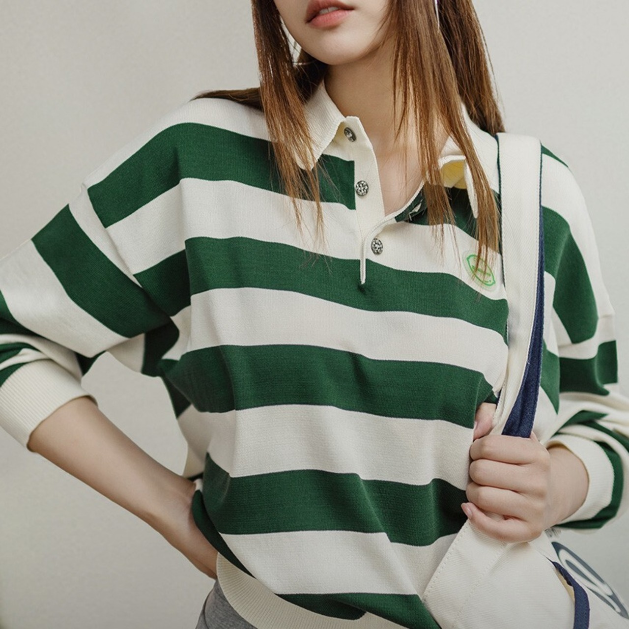 White and Green Striped Polo Shirt / ホワイト & グリーン ストライプ ポロシャツ
