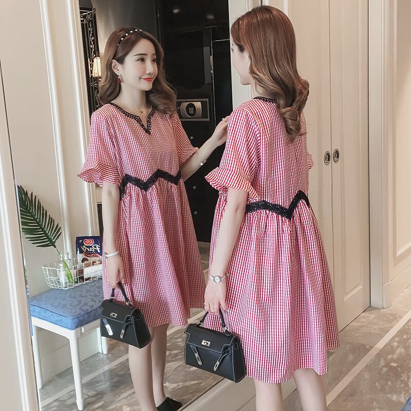 【新作】【送料無料】 新しいファッションの小さな市松模様のマタニティドレスミドル丈のルーズマタニティドレスのマタニティウェア2019夏バージョン-アリババ レッド サマー 夏物 expec214320012314