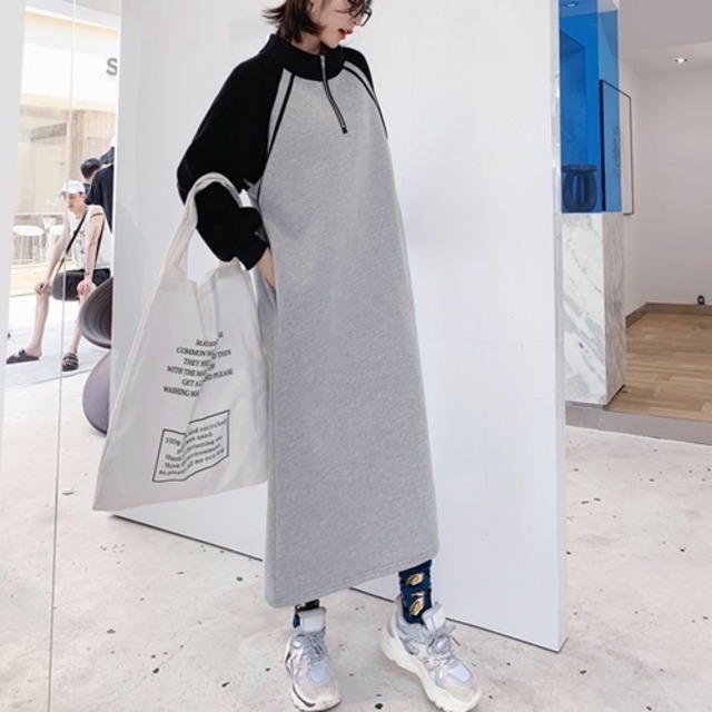 全2色 ワンピース スウェットワンピ チュニック ロング丈 マキシ丈 ジャージ風 長袖 無地 ハイネック ジッパー デート お出かけ カジュアル お出掛け 旅行 大人女子 大人可愛い 上品 きれいめ モード シンプル ラフ かっこいい ナチュラル Country Road