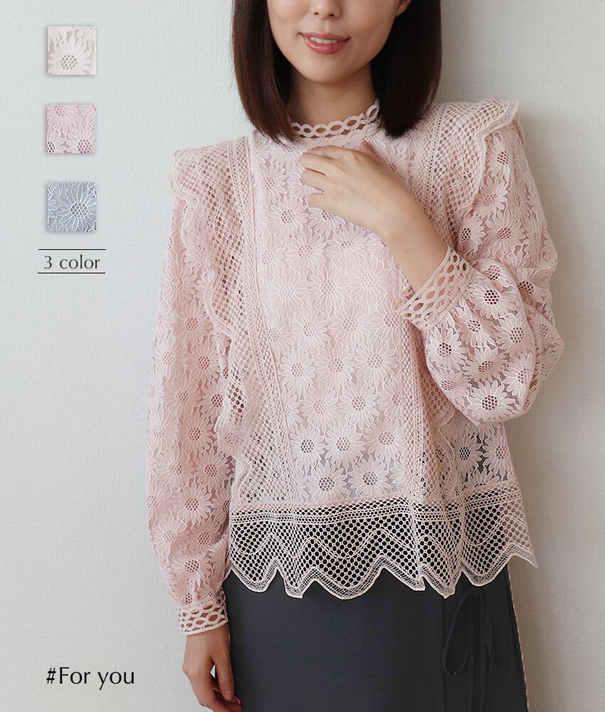 【再入荷】花柄ウェーブデザインのレースブラウス_a0062008014