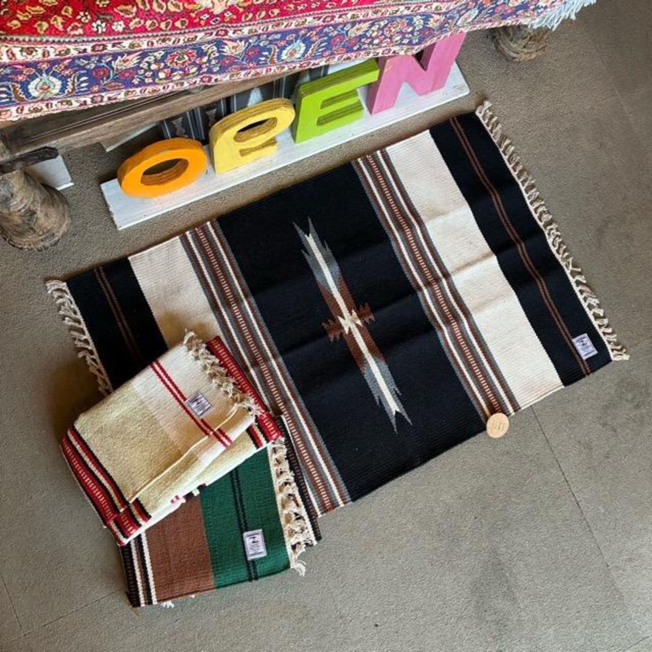 India Ortega mat 3color　インド　オルテガマット　90×60cm　全3色　ブラック　グリーン　ベージュ　玄関マット　チマヨ柄　ネイティブ柄　アメリカン
