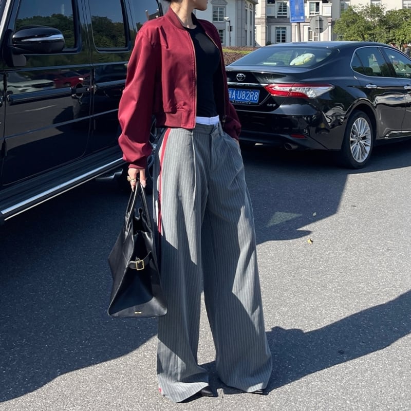 Striped side line wide pants V2479 | ViCHIC.