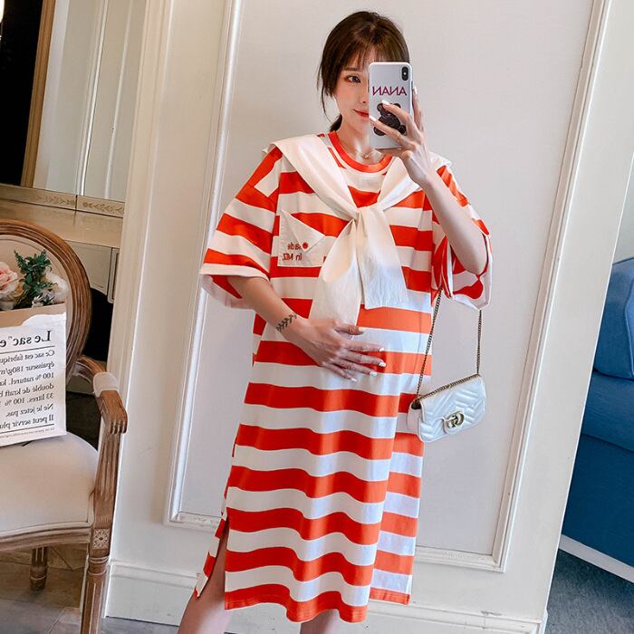 【新作】【送料無料】 マタニティウェア2020夏の新しいニットストライプフード付きドレス、ルーズなミドル丈で年齢を減らす妊婦のTシャツスカート-アリババ サマー 夏物 expec251271595401