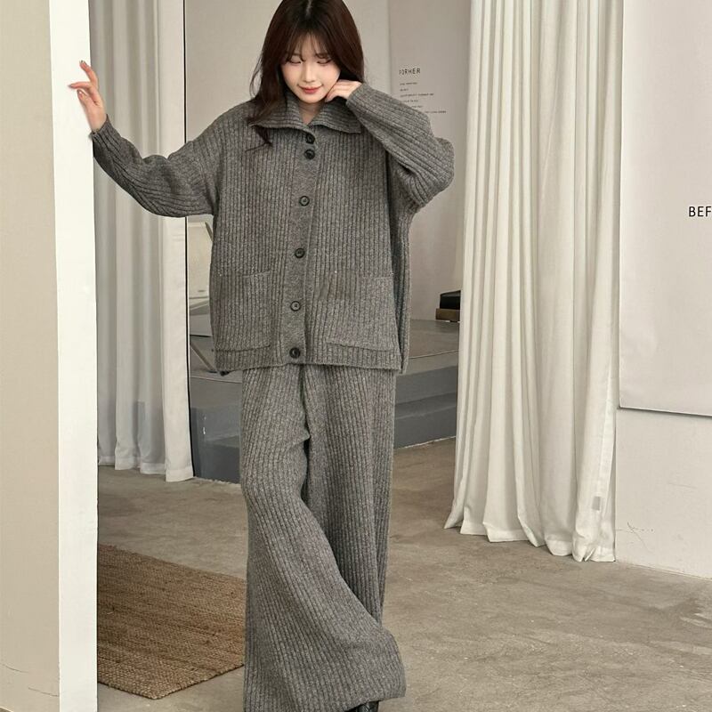 【set】折り襟ニットカーディガン×ワイドパンツセット Q7689