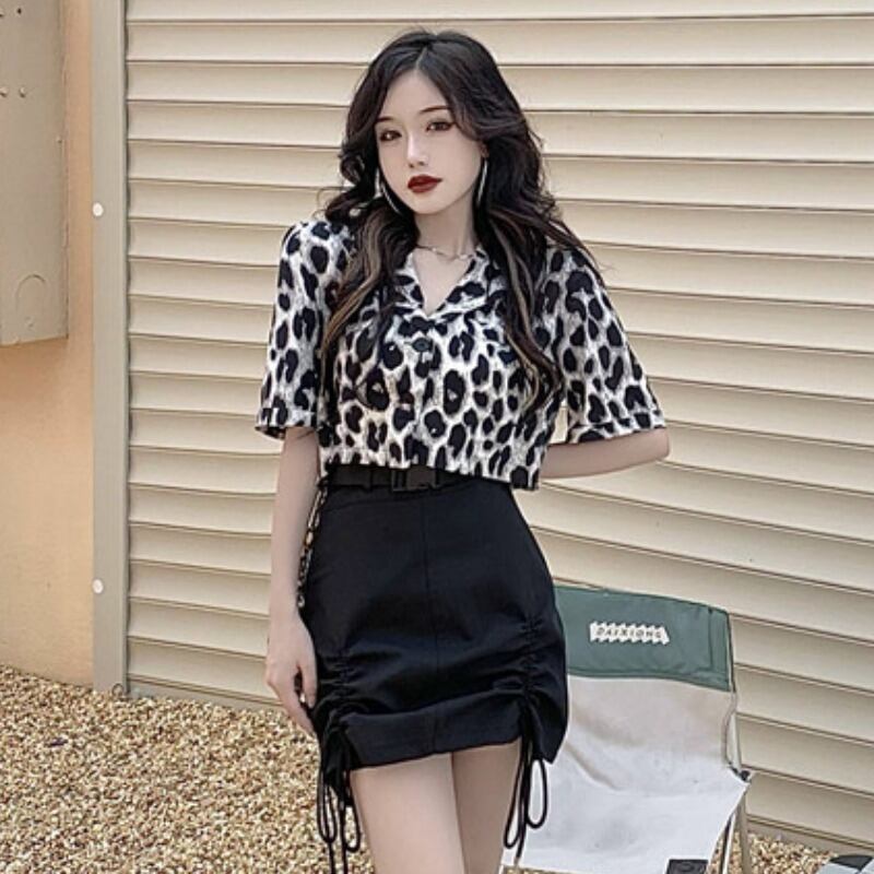 サマーレオパードプリント柄シャツ トップス ハイウェストウェストスカート 夏物 ハンチェンe94691360393