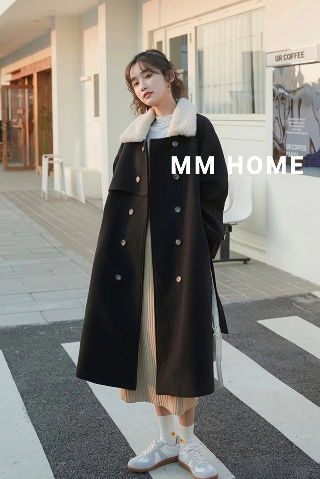 ウールブレンド ファー付き ロングコート AJ42441-6665