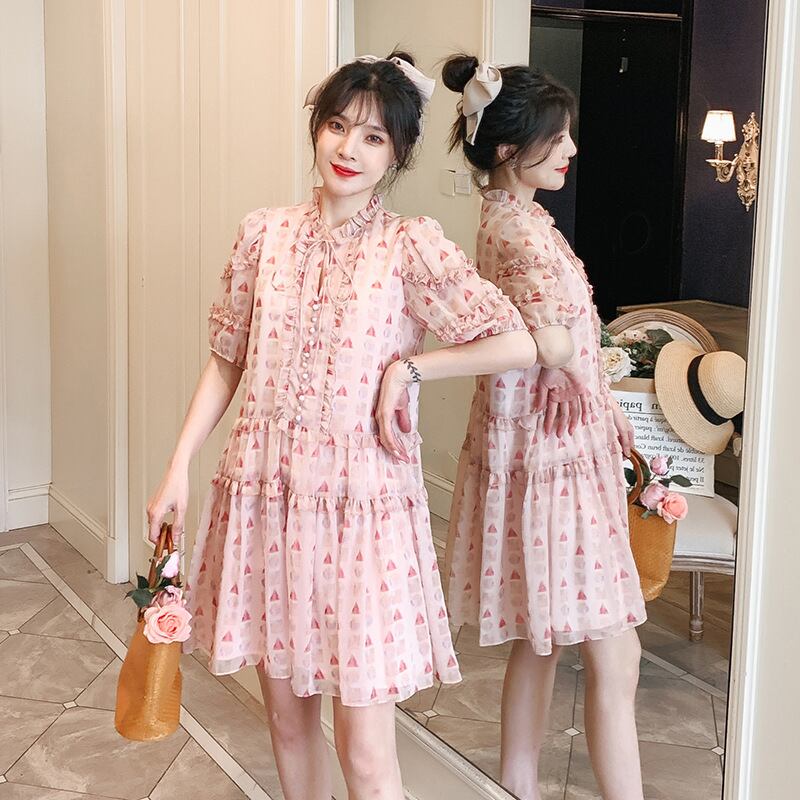 【新作】【送料無料】 マタニティドレス2021夏の新しいシフォンカラースタンドアップカラールーズドレススモールフレッシュミドルレングスマタニティドレス-アリババ サマー 夏物 expec226333258437