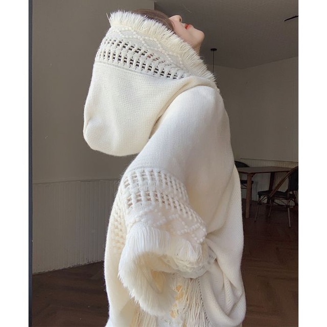 Fringe Hooded Knit Poncho 502461