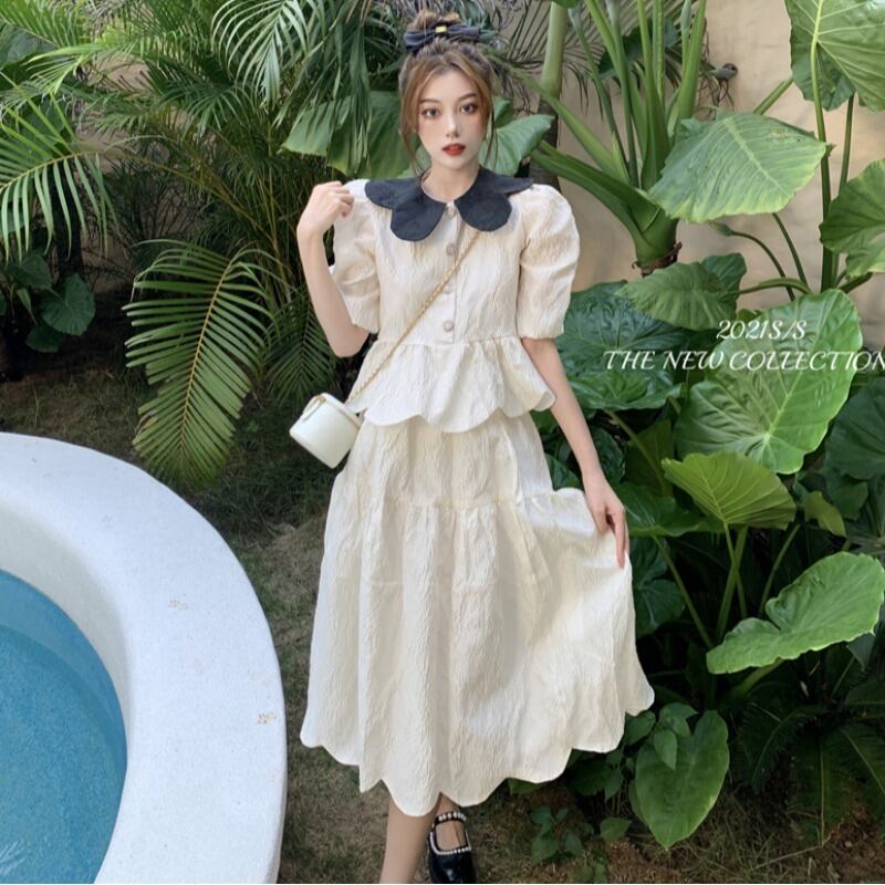 スタイルスリーブシャツ トップス ハイウェストウェストスカート レース ハンチェンe77299901674