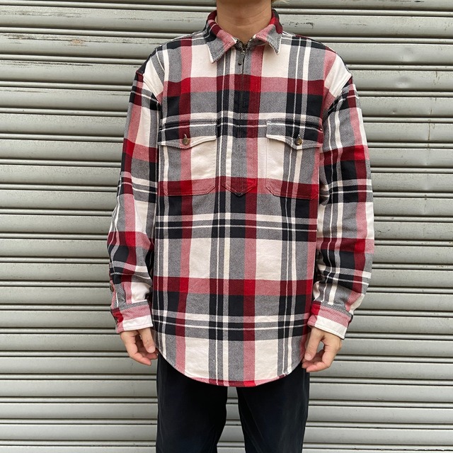 エディーバウアー ハーフジップヘビーネルシャツ 90s~00s チェック柄 レッド系 M