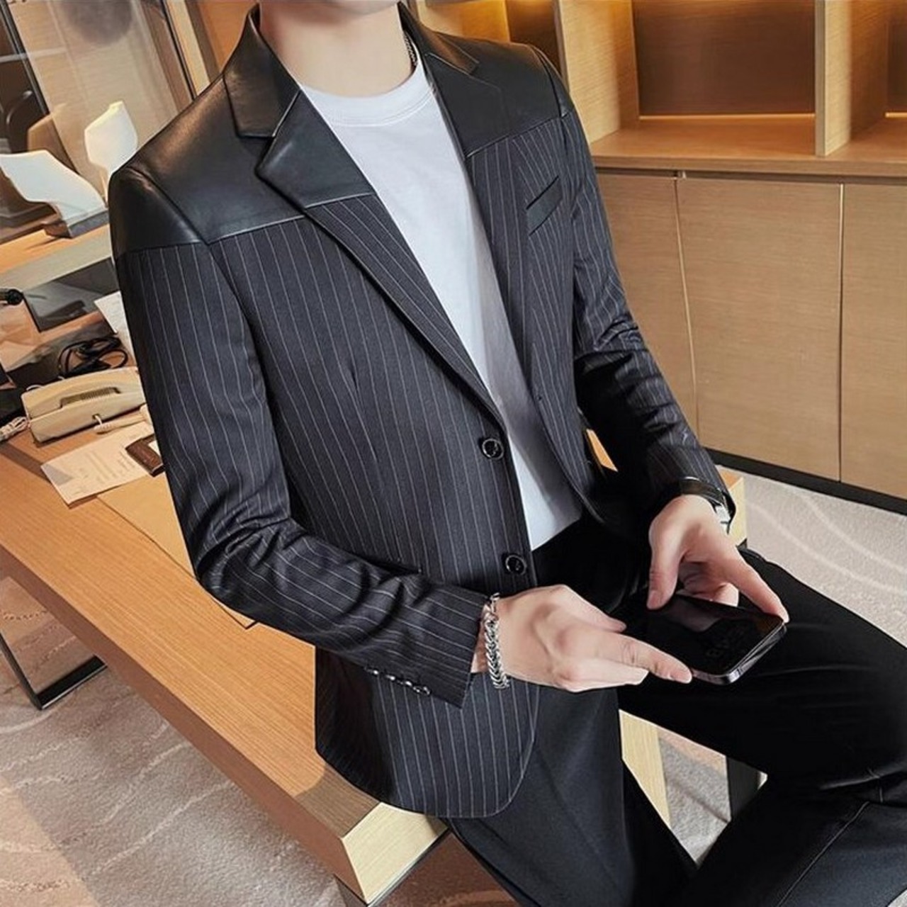 striped leather casual suit jacket 00142