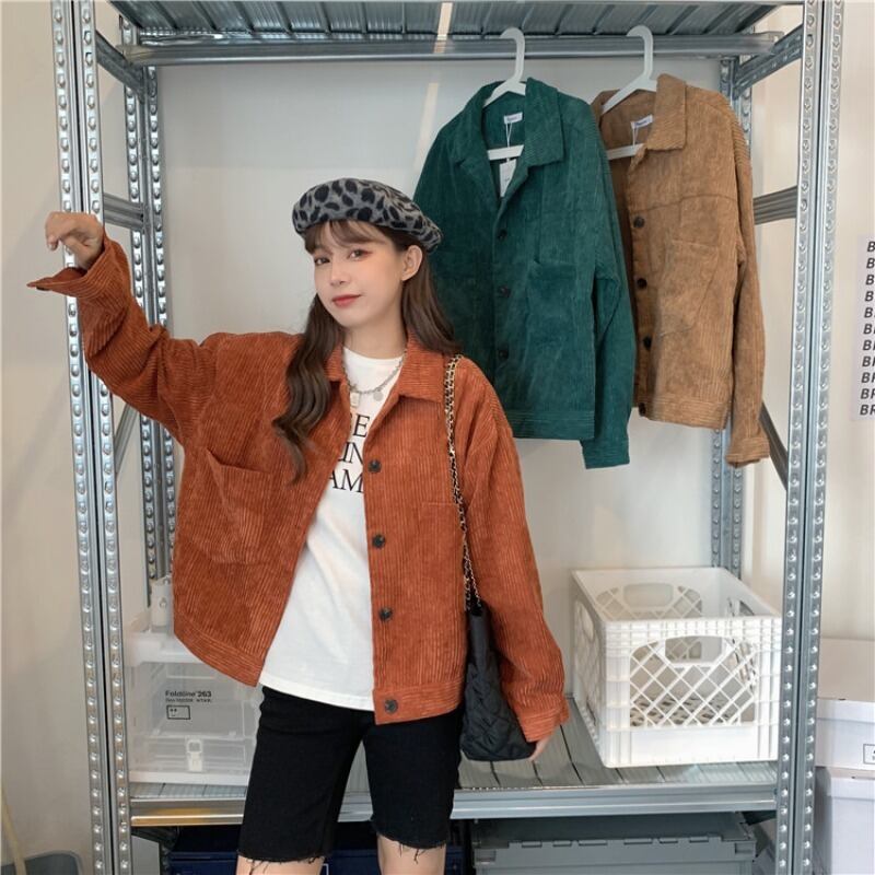 ジャケット スプリングスタンダードルーズスリムグリーンコーデュロイブラウス レトロ ストリート 春物 YY-ファッション68539624847