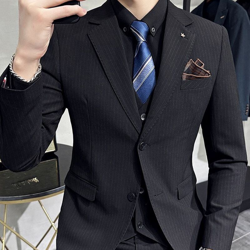 20158メンズシングルスーツ上下黒X青ストライプA94