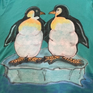 【FRUIT OF THE LOOM】90s USA製 Tシャツ ペンギン アニマルプリント イラスト アーチロゴ ハート XL オーバサイズ US古着