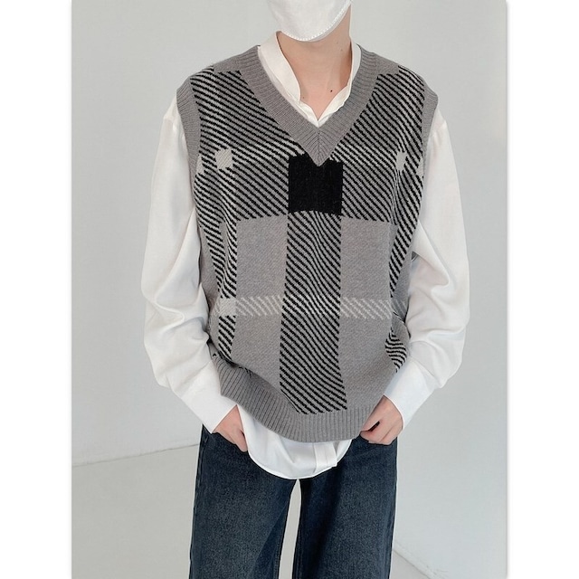 v-neck check knit vest（vネックチェックニットベスト）-b891