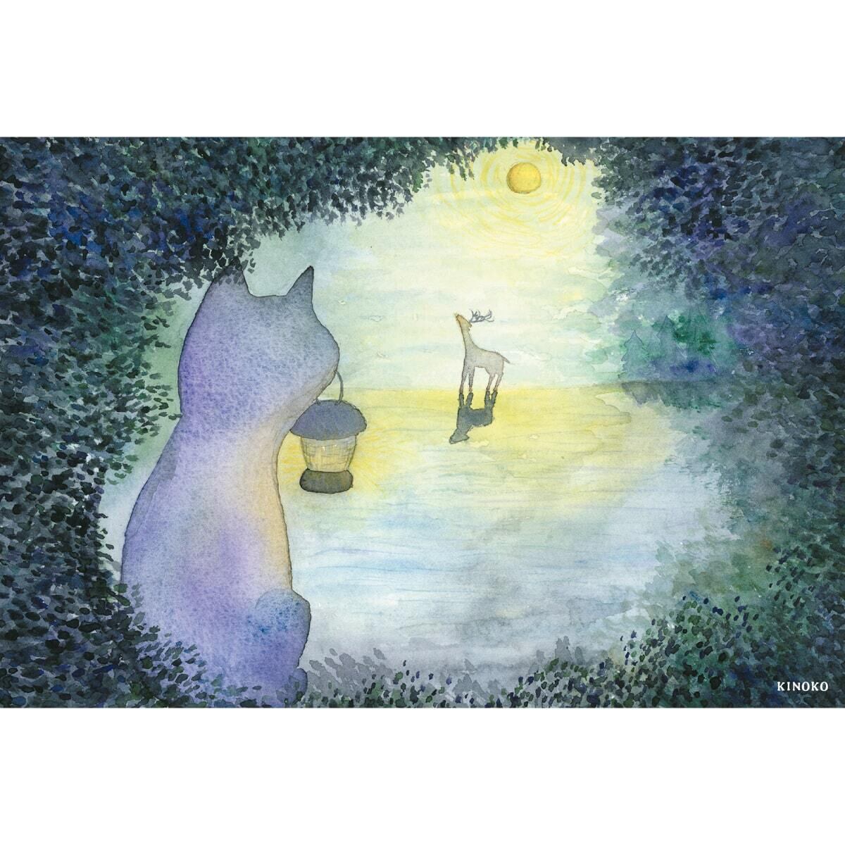 ポストカード 夜の森の風景 / グッズ 水彩 イラスト 猫 幻想 絵本風