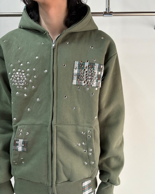 【Hannah Creak】Studded Hoodie Double Zip Khaki