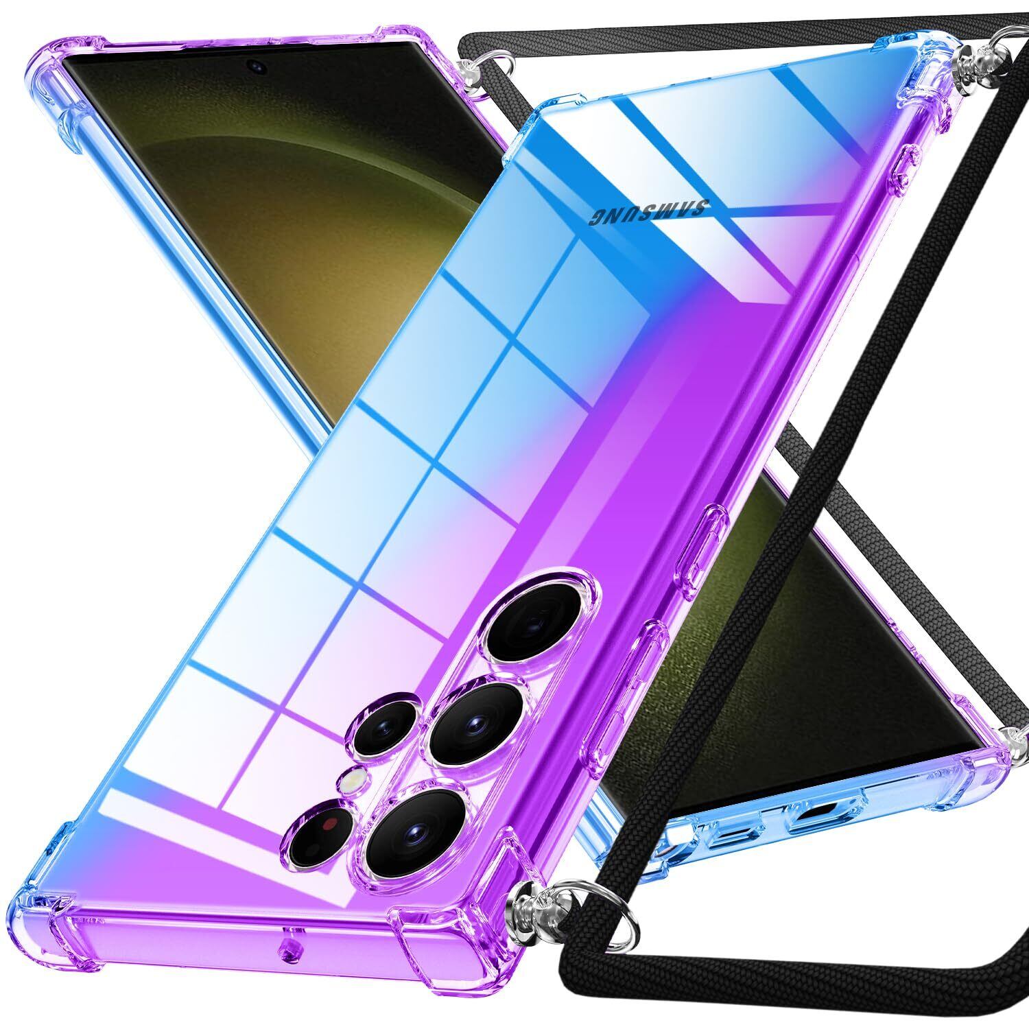 【数量限り】Galaxy S23 Ultra ケース クリア ソフト TPU グラデーションケース 耐衝撃 薄型 肩掛け 斜めかけ 縄掛けケース 黄変防止 軽量 一体型 かわいい ファッション 携帯カバー パープル/ブルー AYS-9-80