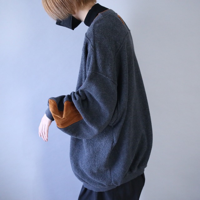 fake suede elbow patch design over silhouette fleece sweatshirt