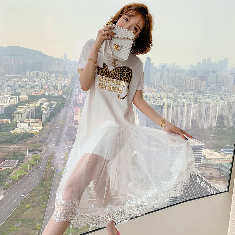 メッシュレースレオパードプリント柄ルーズドレス スプリング 春物 ステッチ MIUCO86387265124