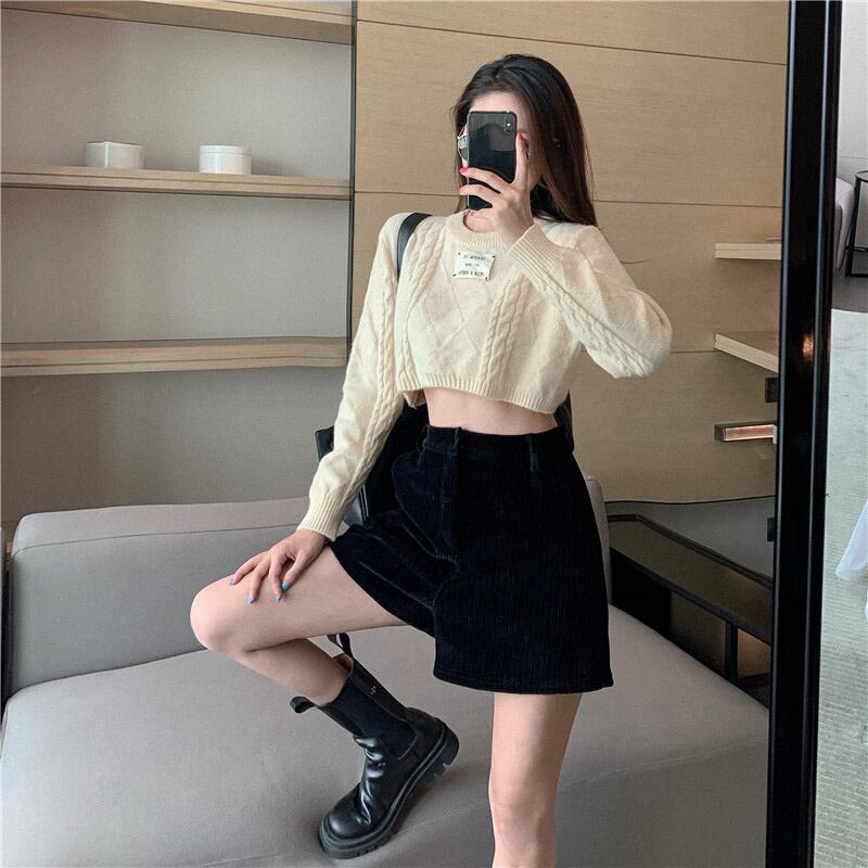 コーデュロイショーツ ブラックハイウェストウェストスリムルーズパンツ オータムウィンター 秋物 冬物 ブルマー ブラックストロベリース69847204208