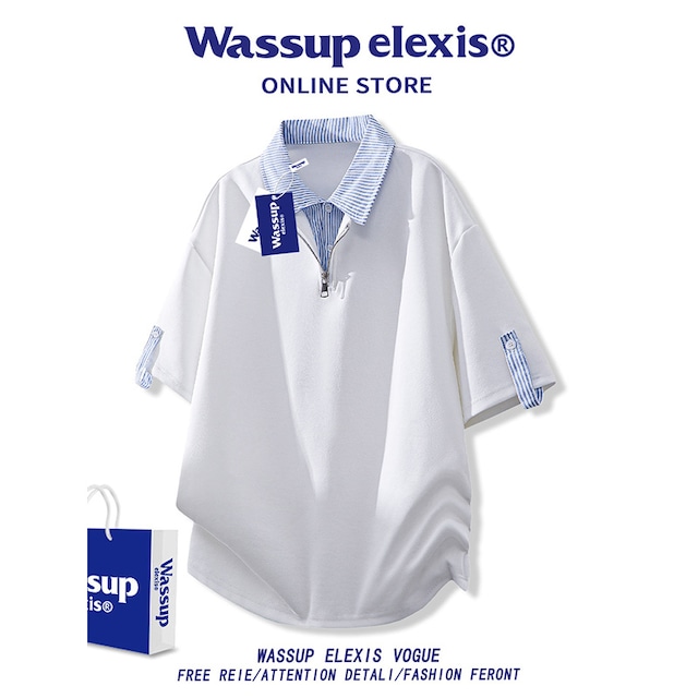 【WSシリーズ】★POLOシャツ★ ユニセックス 3color トップス 半袖 黒 灰 白 フェイクレイヤード 縦縞 縞模様